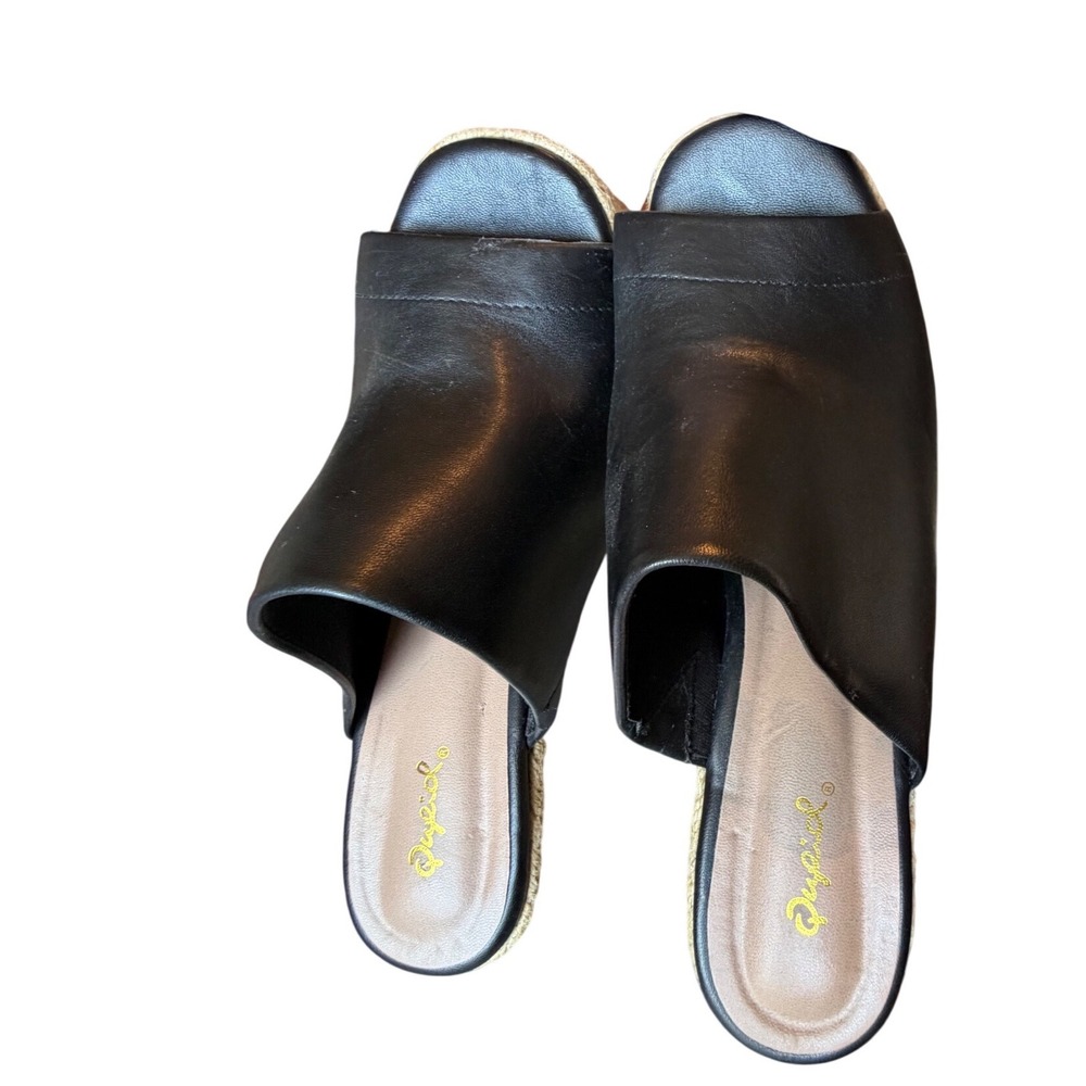 Qupid Black Faux Leather Espadrille Platform Mule Sandals Peep Toe Block Heel 10 - Picture 5 of 8